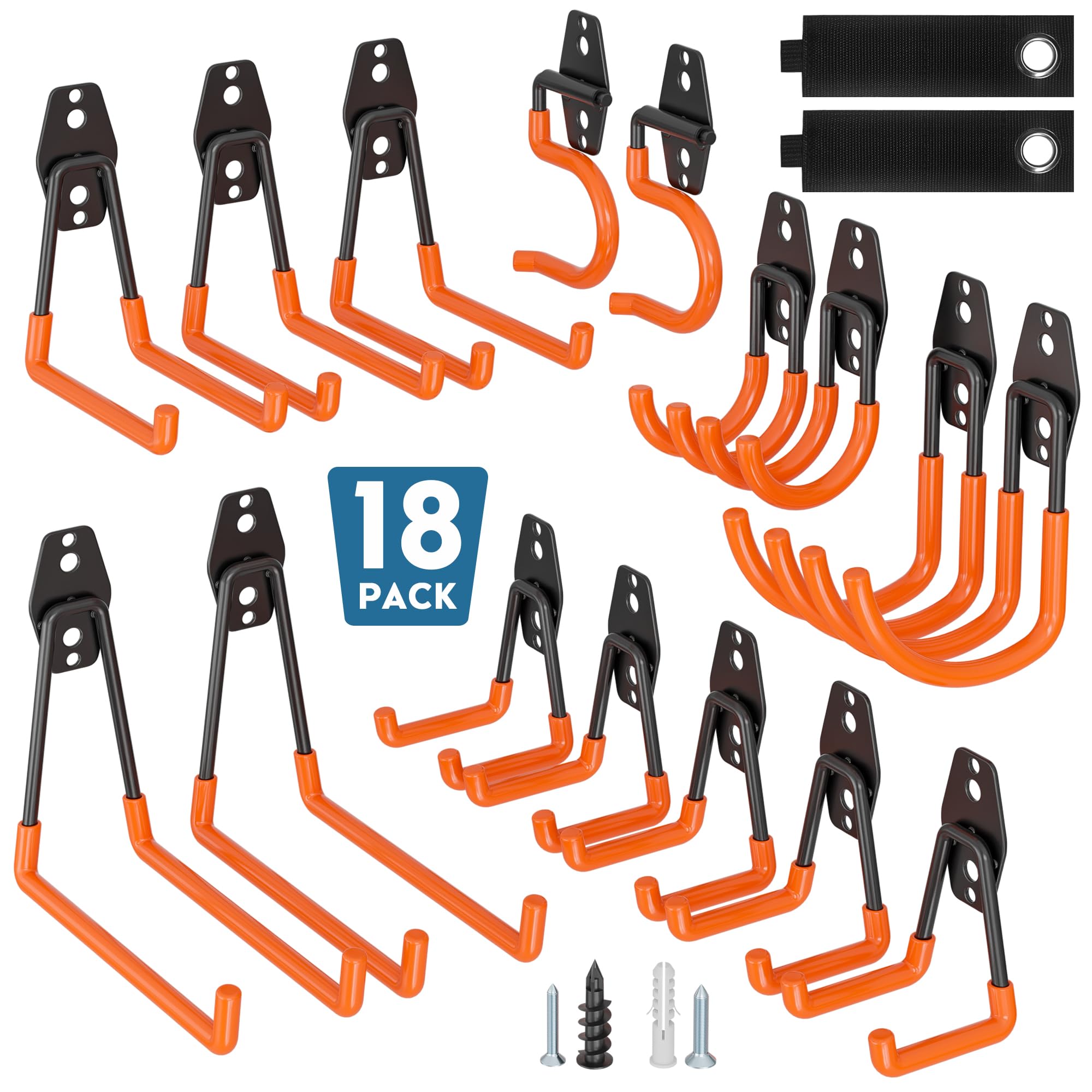 BONTEC 18 Pack Orange Garage Storage Hooks, Heavy Duty U, J and S 3 Designs | St