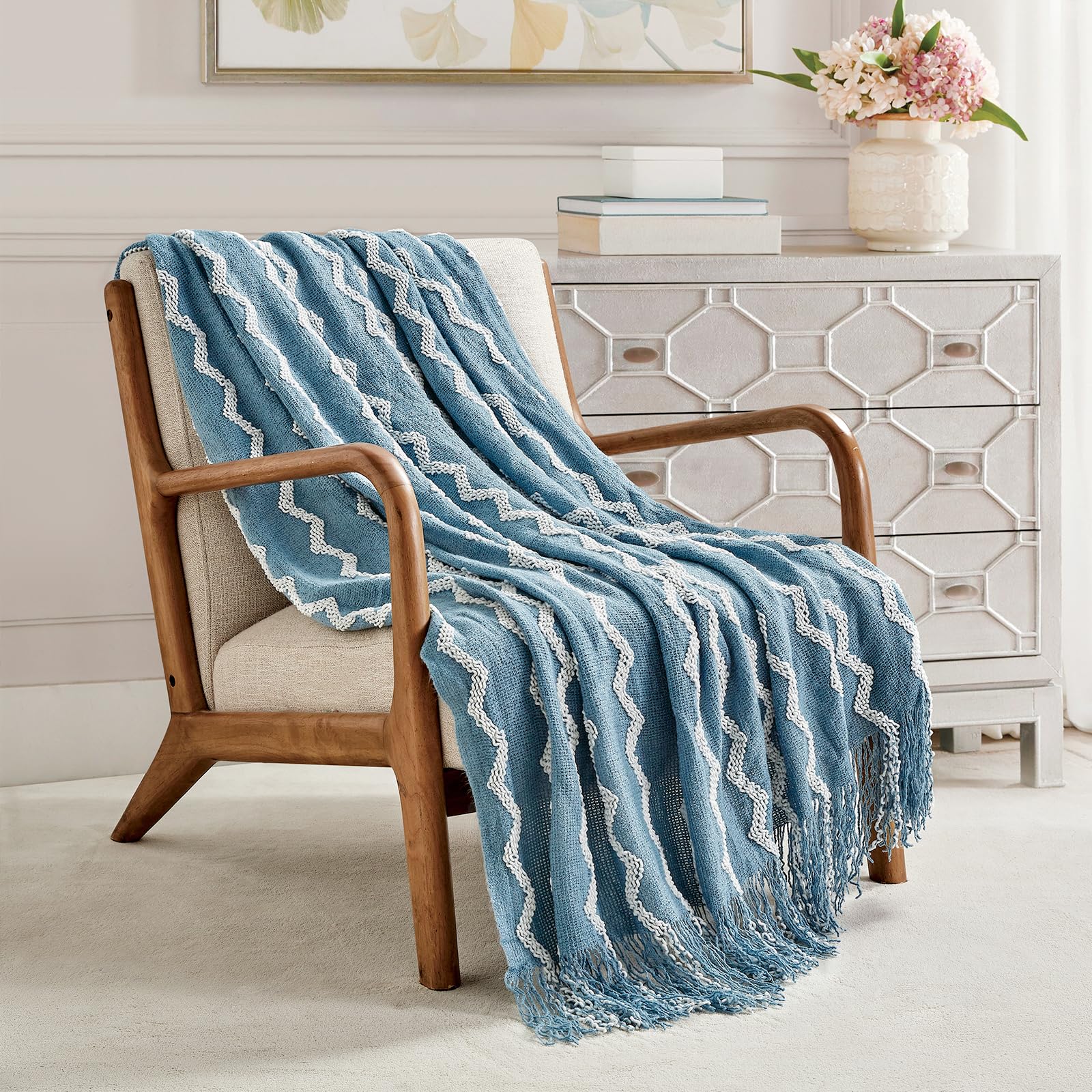 BOURINA Knitted Throw Blanket Soft Chenille Sofa Blanket,Blue 50x60Inch