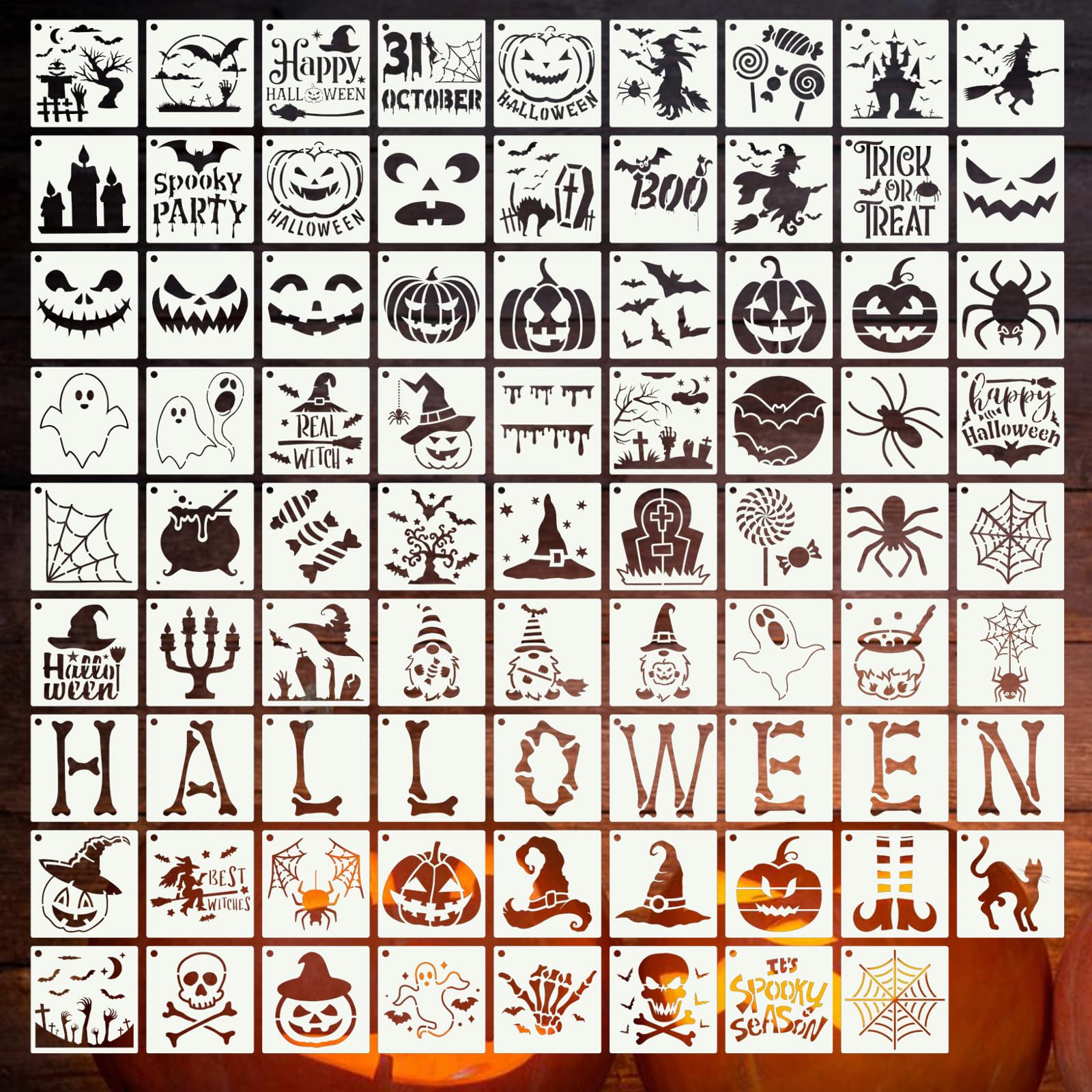 DZXCYZ 80 Pcs 3 x 3 Inch Halloween Stencils for Painting on Wood, Reusable Happy