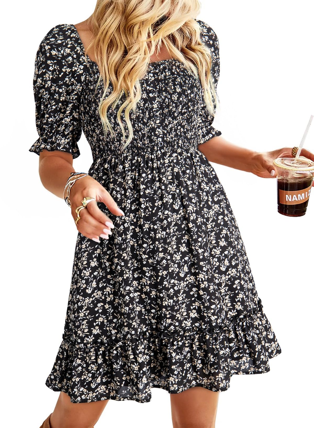 Dokotoo Womens Casual Summer Dresses Short Sleeve Square Neck Smocked Boho Flora