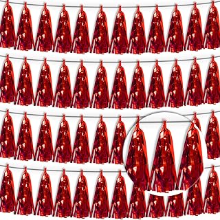 4P Red Tassel Banner Garland Metallic Foil Fringe Banner Tinsel Tassels Streamer Banner Backdrop for Parade Floats, 2027 Graduation Decorations, Wedding Party Decoration