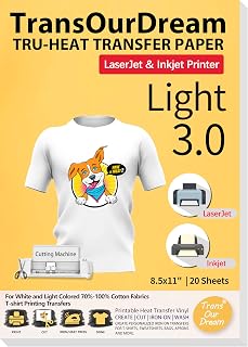 TransOurDream Tru-Heat Transfer Paper for Inkjet & LaserJet Printer (20 Sheets 8.5x11, 3.0) Printable HTV Heat Transfer Vinyl for T Shirts Iron on Transfers for Light Fabrics (TRANS-L3-1-20)
