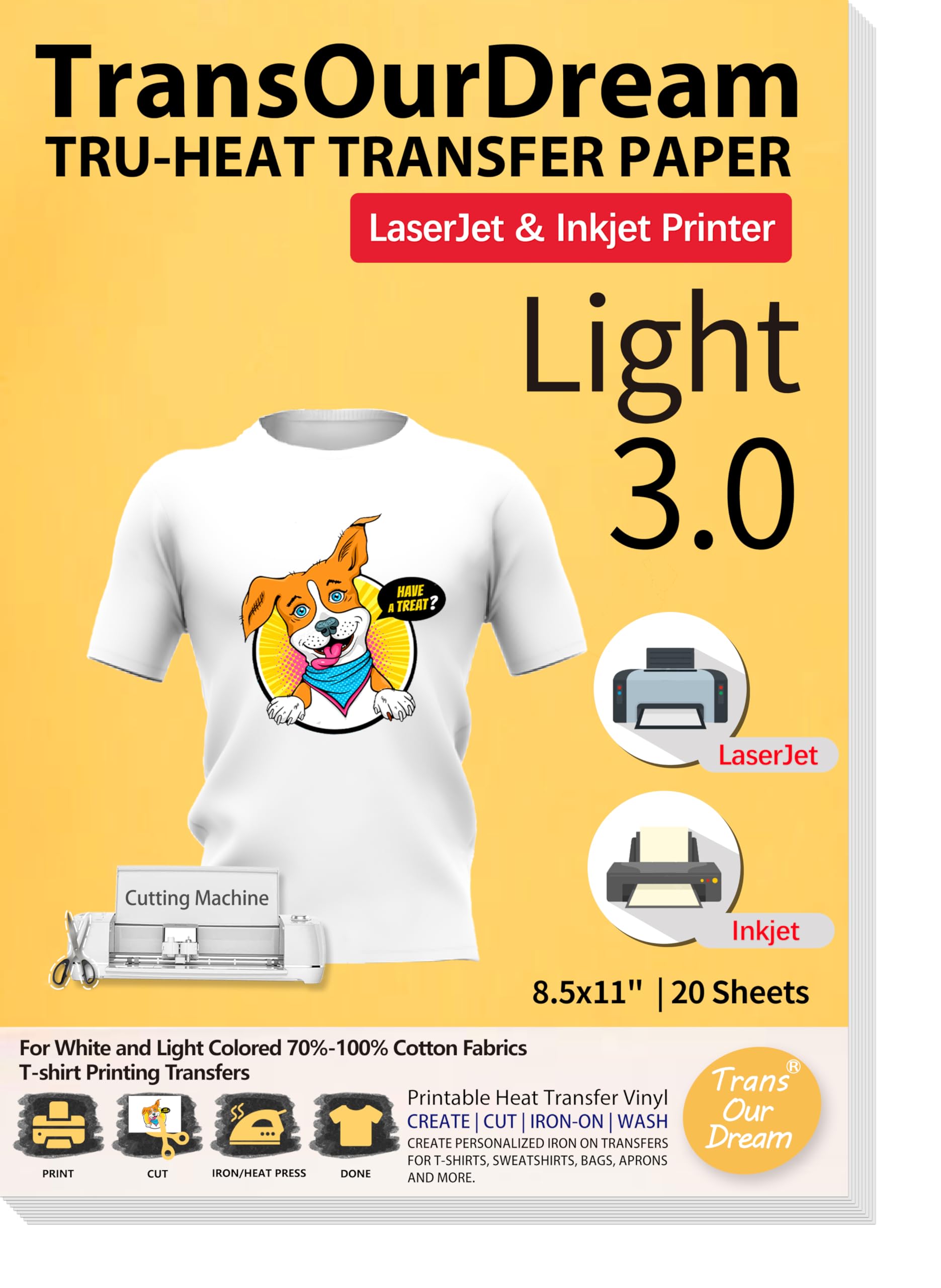 TransOurDream Tru-Heat Transfer Paper for Inkjet & LaserJet Printer (20 Sheets 8