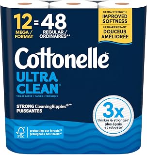 Cottonelle Toilet Paper, 12 Mega Rolls = 48 Regular Rolls, Ultra Clean, Strong Bathroom Tissue, 284 Sheets per Roll, Packaging May Vary