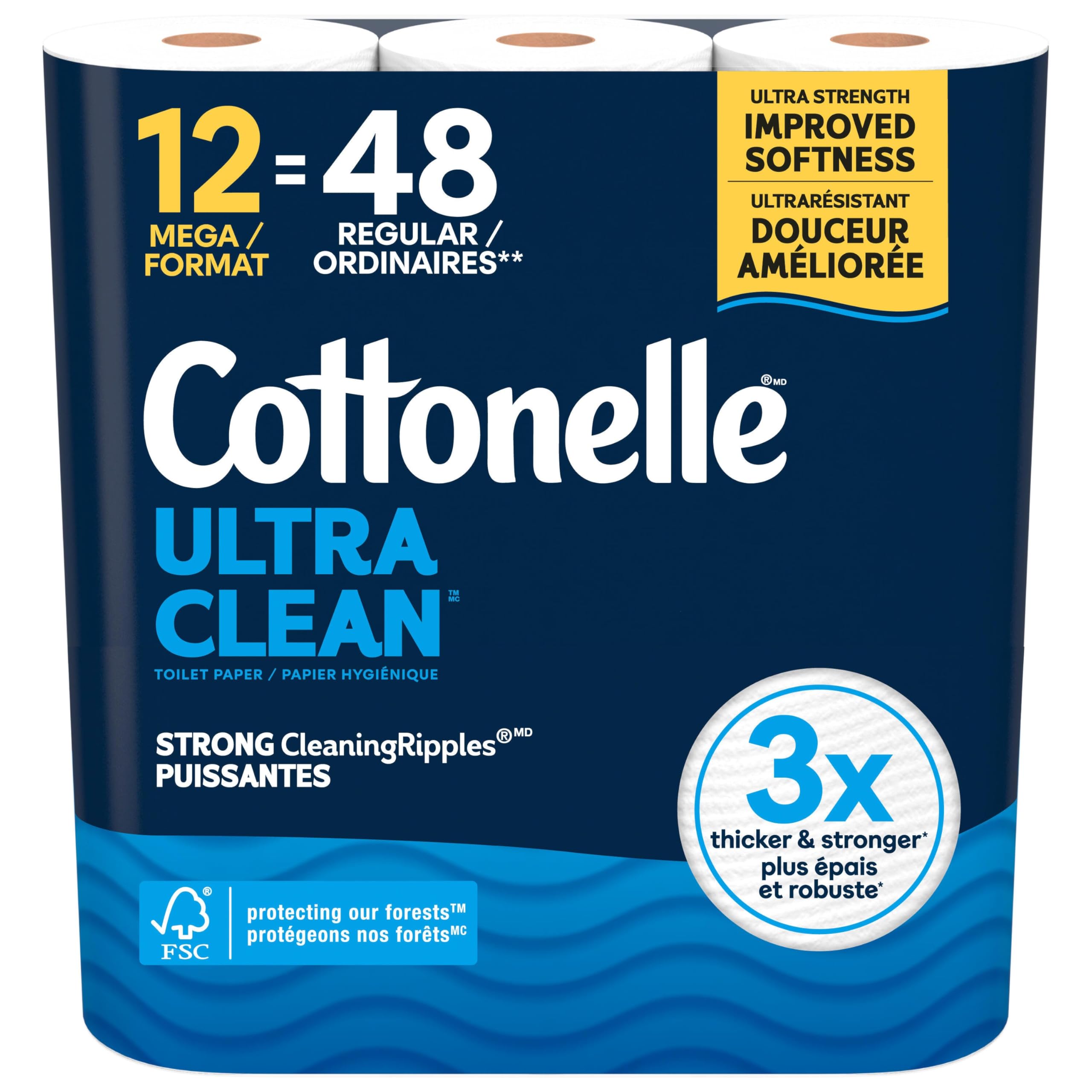 Cottonelle Toilet Paper, 12 Mega Rolls = 48 Regular Rolls, Ultra Clean, Strong B