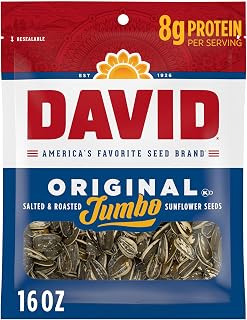 DAVID Jumbo Sunflower Seeds, Original Flavor, 16 oz. | 8g protein per serving; Original flavor; great for baseball games & road trips; also perfect for desk snacking