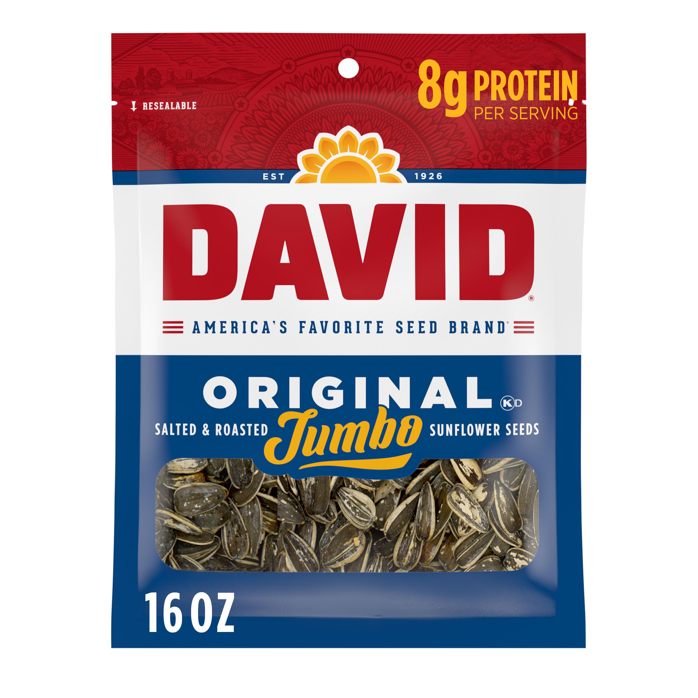 DAVID Jumbo Sunflower Seeds, Original Flavor, 16 oz. | 8g protein per serving; O