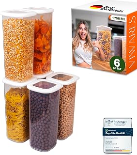 Viwares Storage Jars with Lid, Airtight, Set of 6 Storage Containers, BPA-Free, for Cereal, Flour and Sugar Storage, Practical Kitchen Storage Box for All Foods