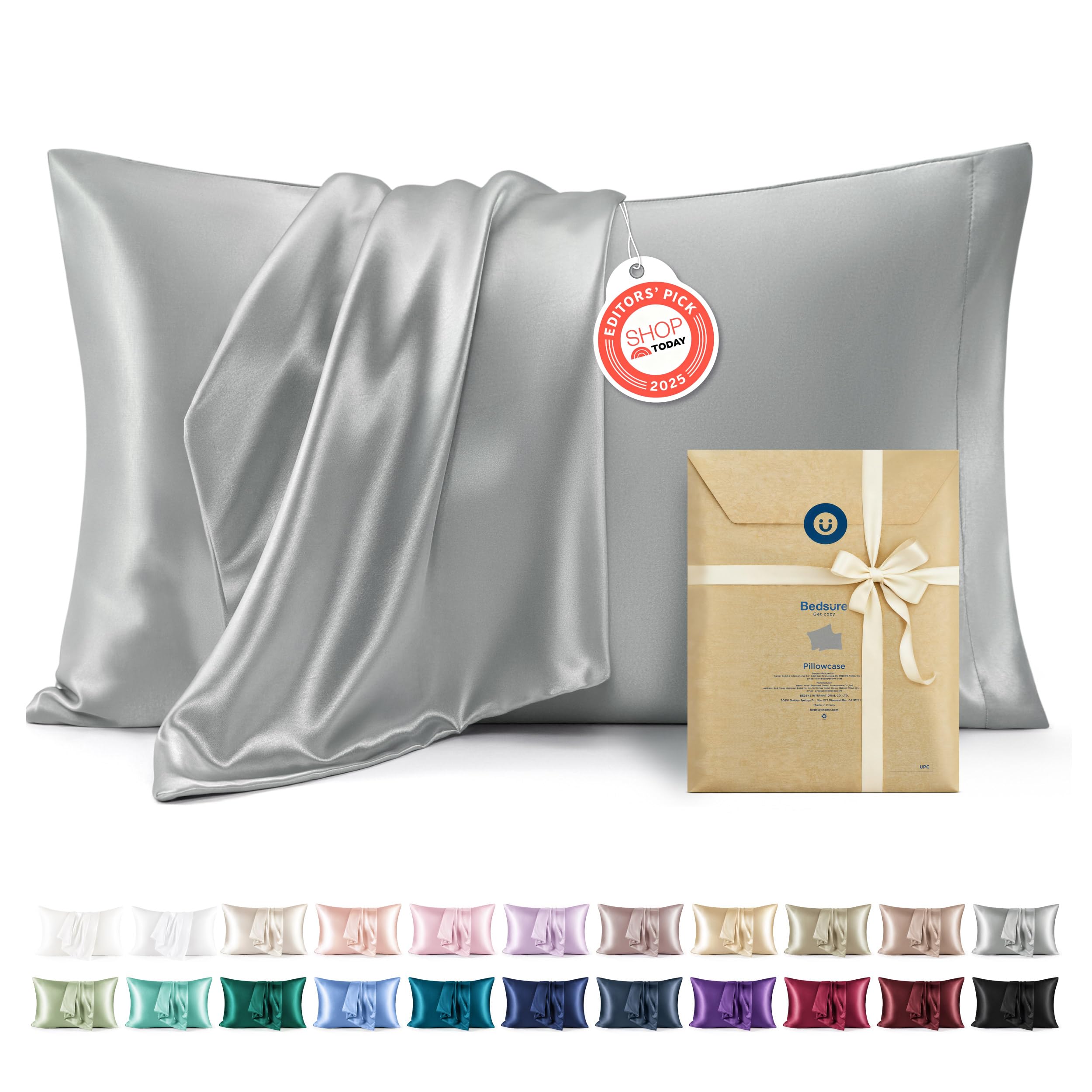 Bedsure Satin Pillow Cases Queen - Similar to Silk Pillowcase 2 Pack Grey | Silk