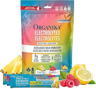 Organika Canadian-Made Electrolytes Powder Variety Pack 3.5g x 21 packets | Lemonade, Raspberry & Pineapple Passionfruit | With Vitamin C & Prebiotic Fibre - Sugar-Free Hydration Drink Mix Variety Pack