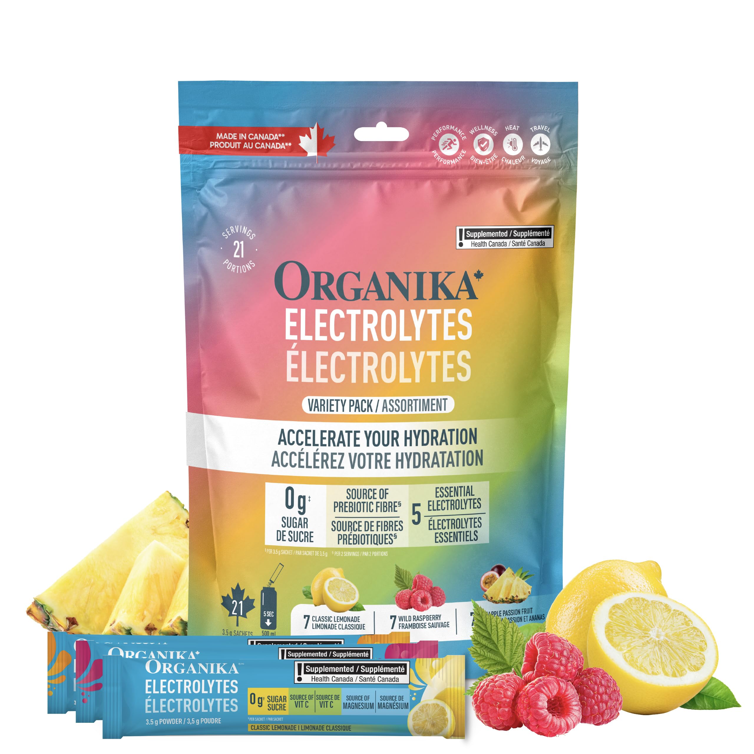 Organika Canadian-Made Electrolytes Powder Variety Pack 3.5g x 21 packets | Lemo