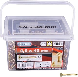 Connex B30192 Universal Countersunk Screws TX Star Drive Chipboard Screws 0.5 x 40 mm 455 Pieces Yellow