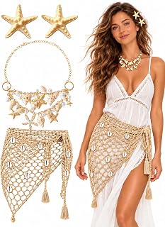 4 Pieces Mermaid Costume Accessories for Women, Beach Crochet Fishnet Skirt Sarong