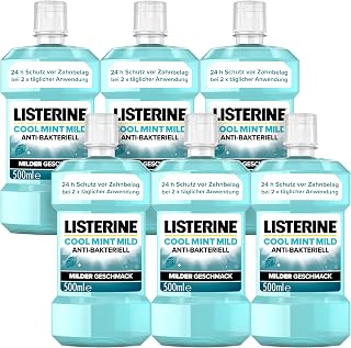 LISTERINE Cool Mint Mild 6 x 500ml Antibacterial Mouthwash with Essential Oils and Alcohol Free, Gentle Mouthwash Effectively Fights Bacteria, Optimal Complement for Dental Care