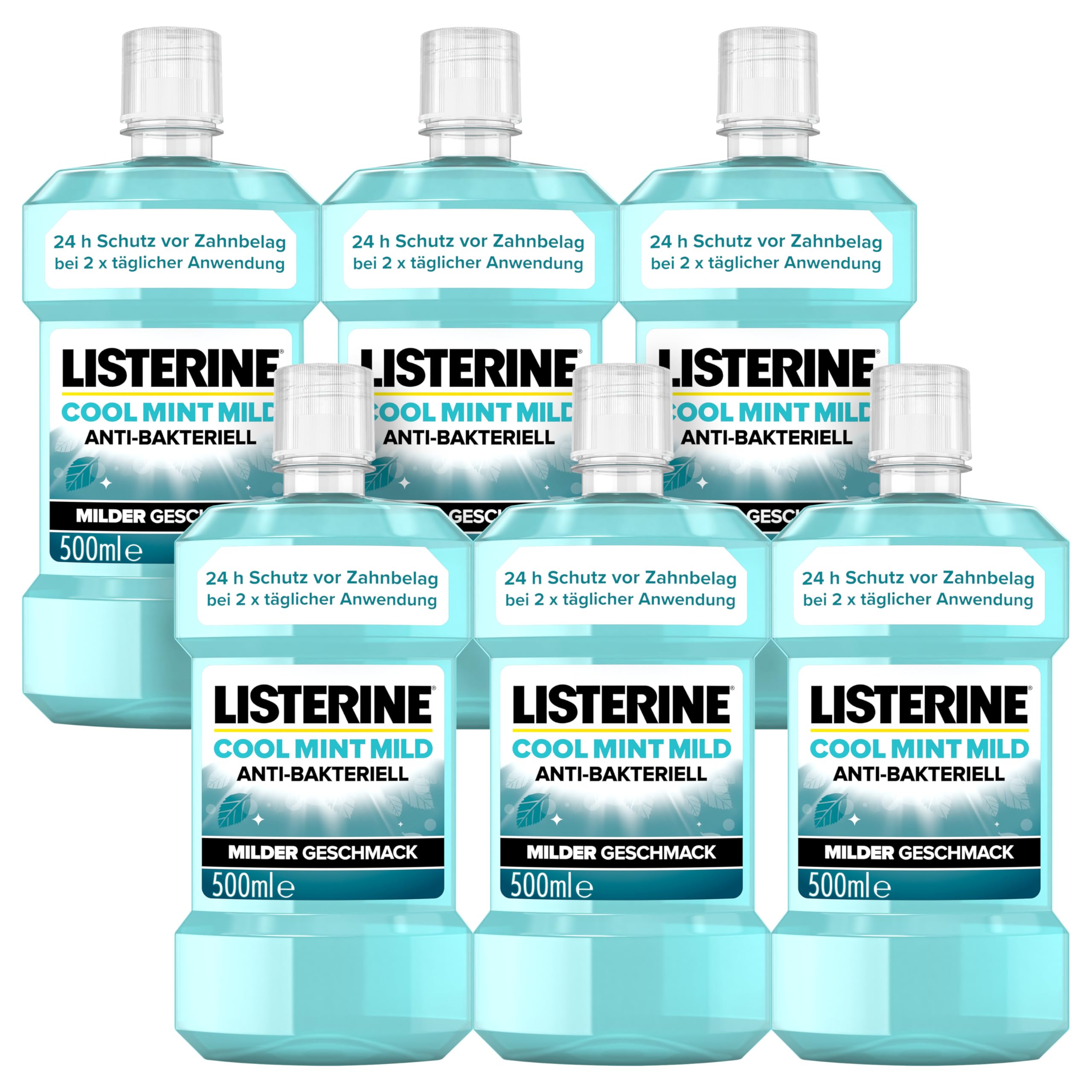 LISTERINE Cool Mint Mild 6 x 500ml Antibacterial Mouthwash with Essential Oils a