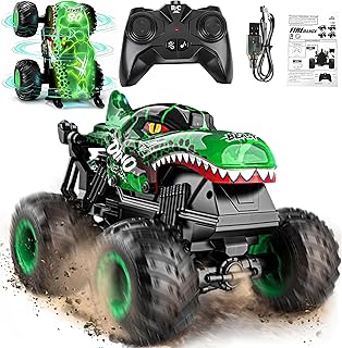 BEZGAR Monster Truck Toys, 1:20 Remote Control Car with Light & Music | Green Dinosaur Toys for Kids, RC Truck with 360° Spins and Drifting, Toy Car Gifts for Boys, Battery Life of 20 Minutes