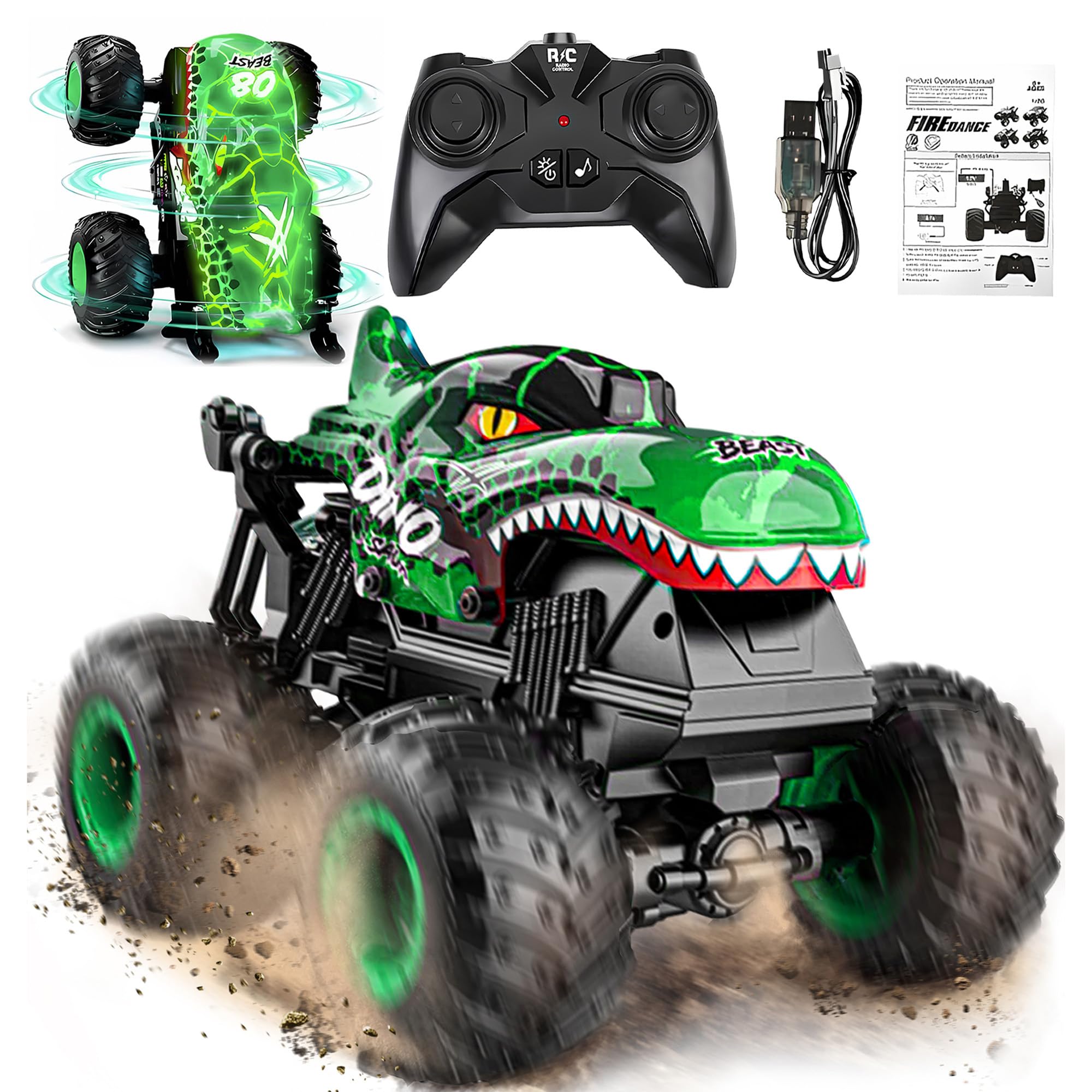 BEZGAR Monster Truck Toys, 1:20 Remote Control Car with Light & Music | Green Di