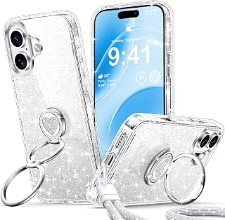 XYZ for iPhone 16 Case Glitter, Cute Clear Bling Sparkly Cover with 2-Ring Heart Stand & Wrist Strap, Women Girls Slim Shockproof Protective Phone Cases for 16 6.1'',Glitter Clear