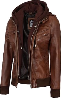 Blingsoul Womens Hooded Leather Jacket - Real Lambskin Bomber Leather Jacket Women With Detachable Hood
