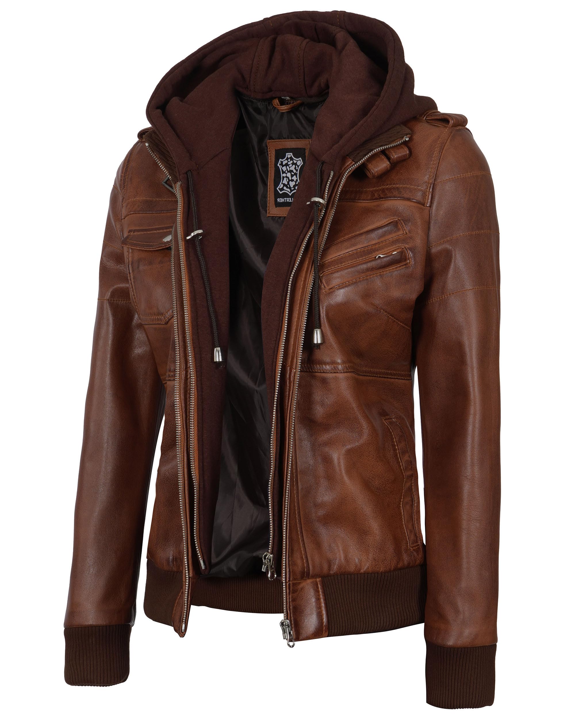 Blingsoul Womens Hooded Leather Jacket - Real Lambskin Bomber Leather Jacket Wom