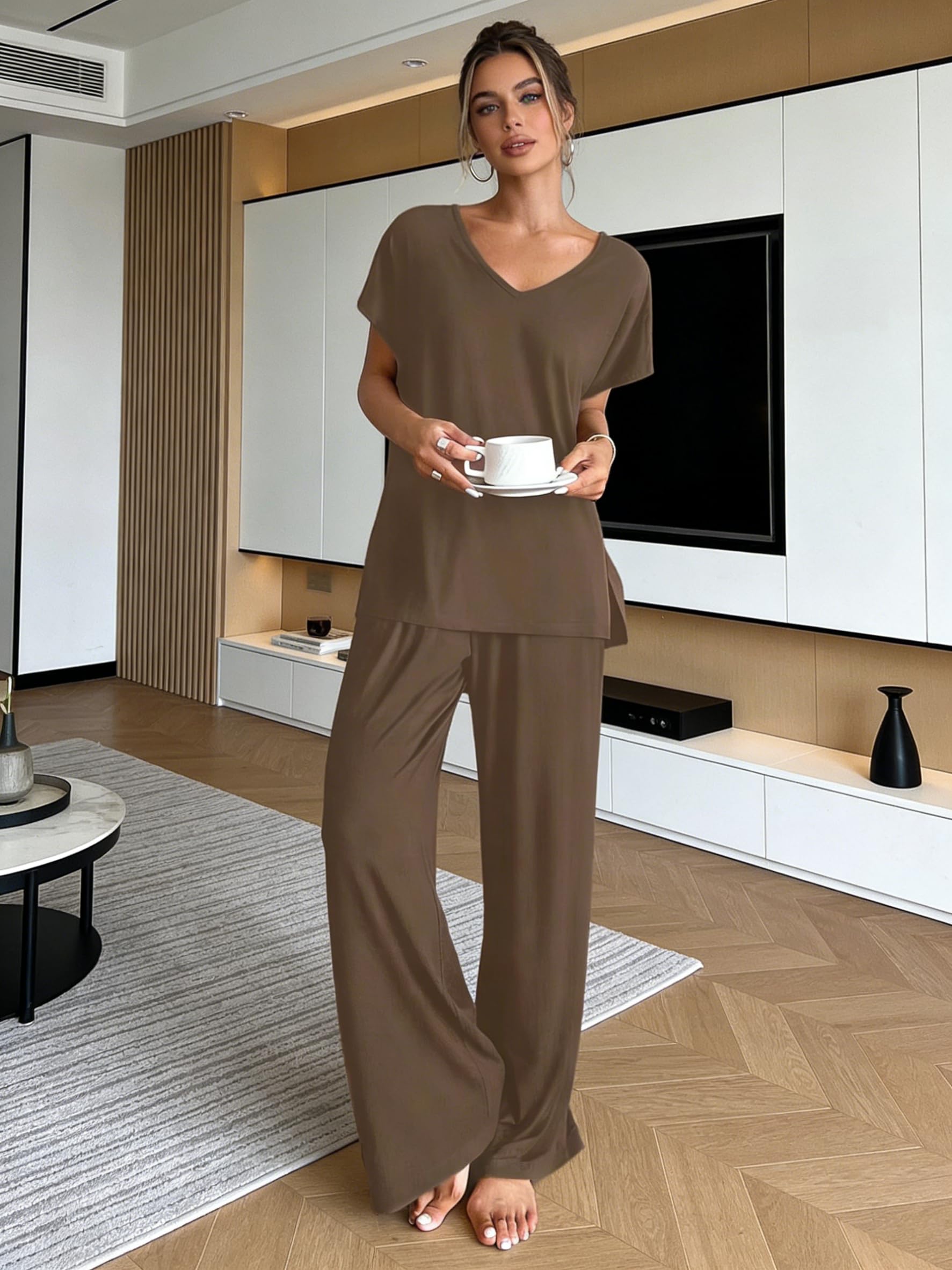 Women Lounge Set 2 Pieces V Neck Short Sleeve Wide Leg Pants Casual Travel Holid