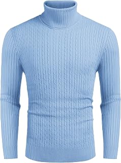 COOFANDY Suéter de cuello alto ajustado para hombre, casual, con patrón torcido, suéter de punto, Azul/claro, Medium