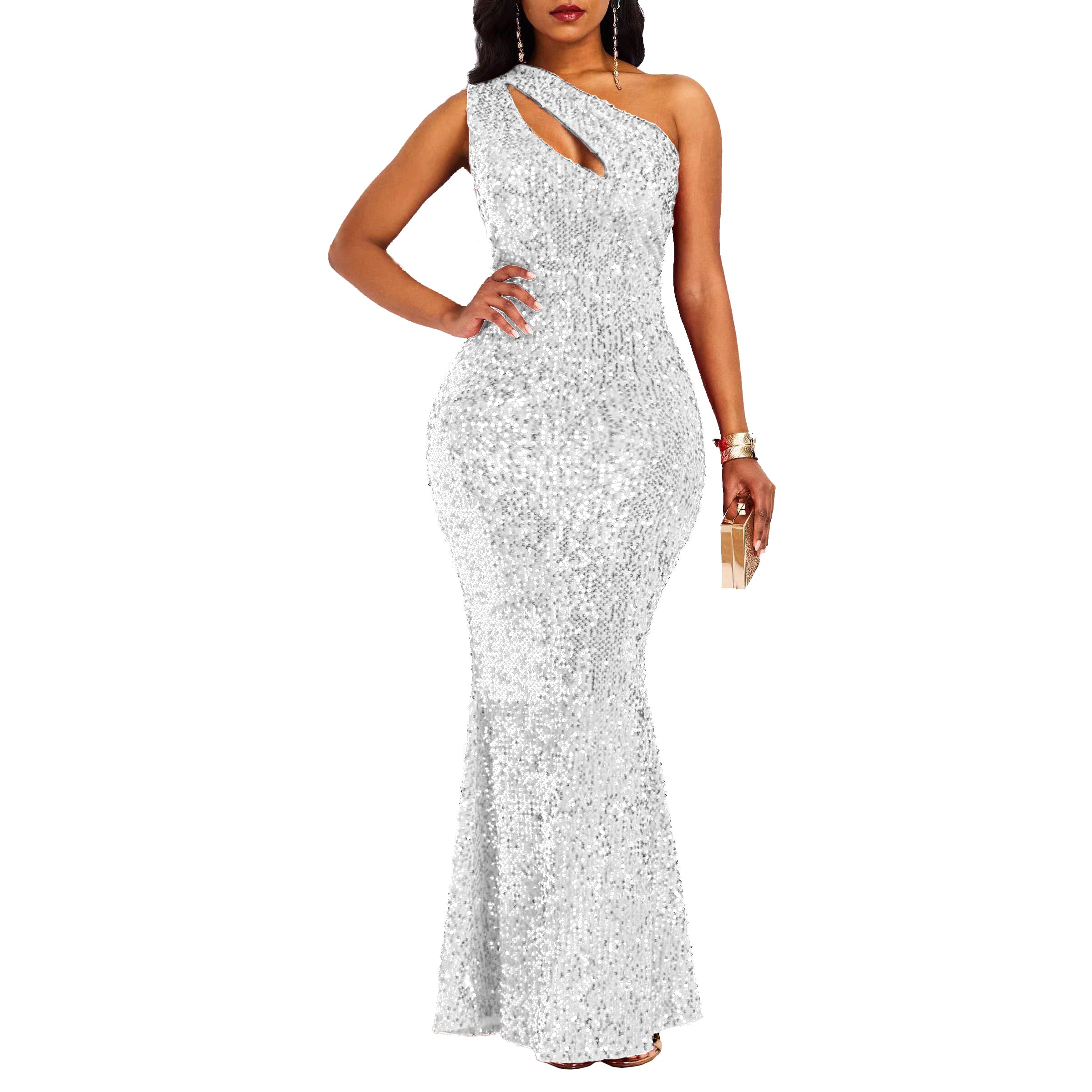 VERWIN Sequins Fashion Sleeveless Oblique Collar Mermaid Women's Maxi Dress Body