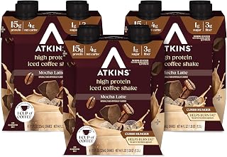 Atkins Mocha Latte Iced Coffee Flavored High Protein Shake, 12 Count | 15g Protein, 4g Net Carbs, 1g Sugar, 3g Fiber, Contains Caffeine, Ready to Drink, 11fl oz, 3 Pack of 4 Count Shakes