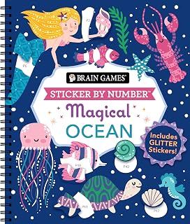 Brain Games - Sticker by Number: Magical Ocean (20 Images to Sticker): Includes 2 Glitter Sticker Sheets to Complete Each Image!