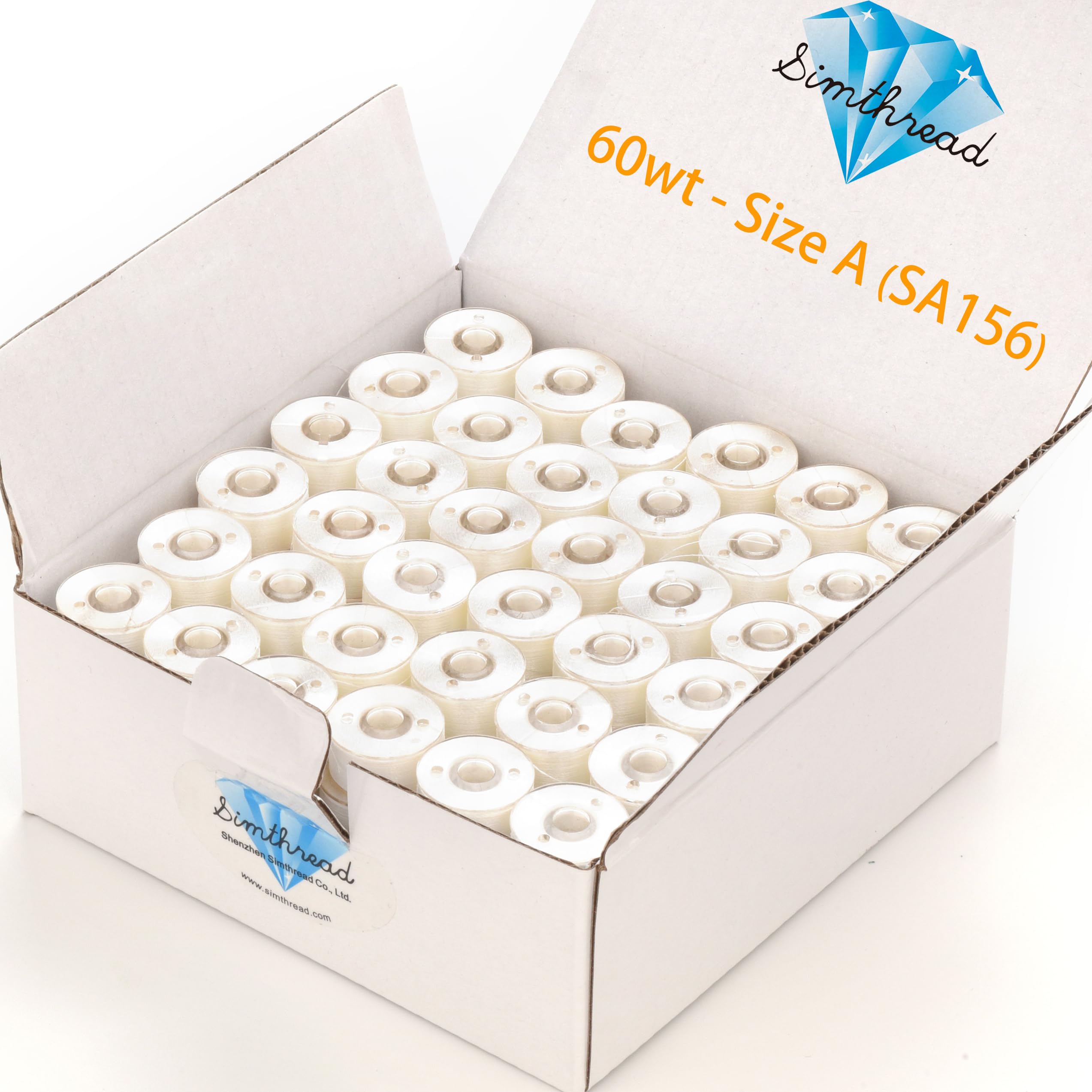 Simthread 144pcs Size A SA156 Embroidery Prewound Bobbin Thread - White | 60WT (
