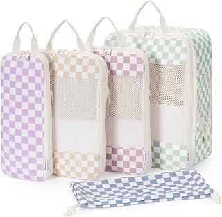 Narwey 5 Set Compression Packing Cubes Travel Organizer, Packing Cubes Compressible for Carry on Luggage Suitcase, Travel Essentials Accessories with Laundry Bag (Combined Checkered)