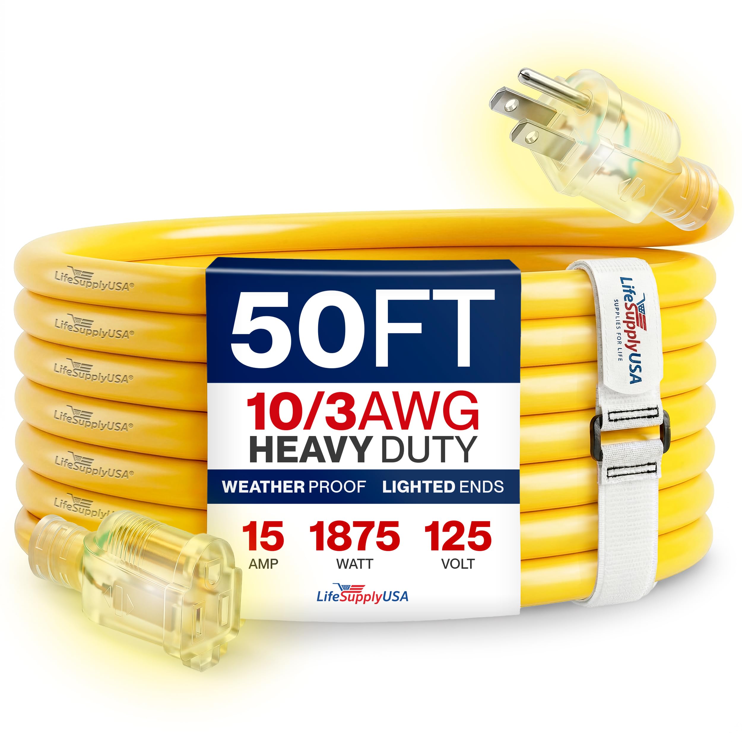 50ft Outdoor/Indoor Extension Cord 10/3 Gauge Ultra Heavy Duty 3 Prong SJTW, Wat