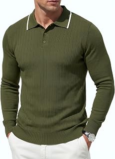 Coofandy Suéter de Polo para Hombre de Punto Casual de Manga Larga suéter Polo Ligero botón Abajo Golf Pullover suéteres