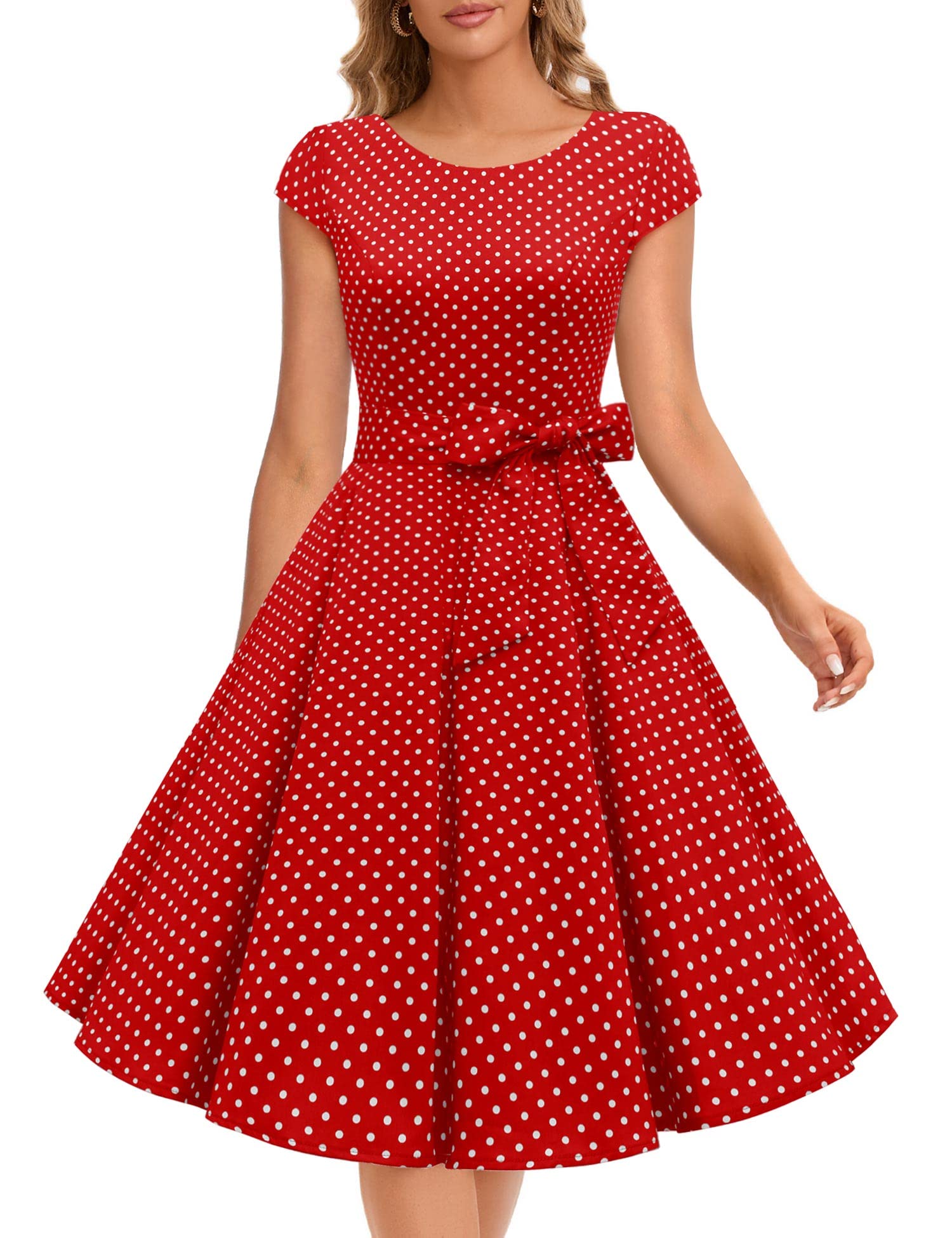 Dressystar Vintage Solid Color Polka Dot 1950s Cap Sleeves Prom Dresses