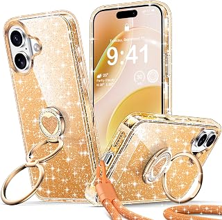 XYZ for iPhone 17 Case Glitter, Cute Clear Bling Sparkly Cover with 2-Ring Heart Stand & Wrist Strap, Women Girls Slim Shockproof Protective Phone Cases for 17 6.3'',Glitter Orange