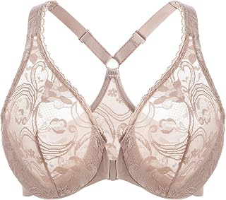MELENECA Women's Plus Size Unlined Lace Front Closure Bra with Unlined Neckline Back