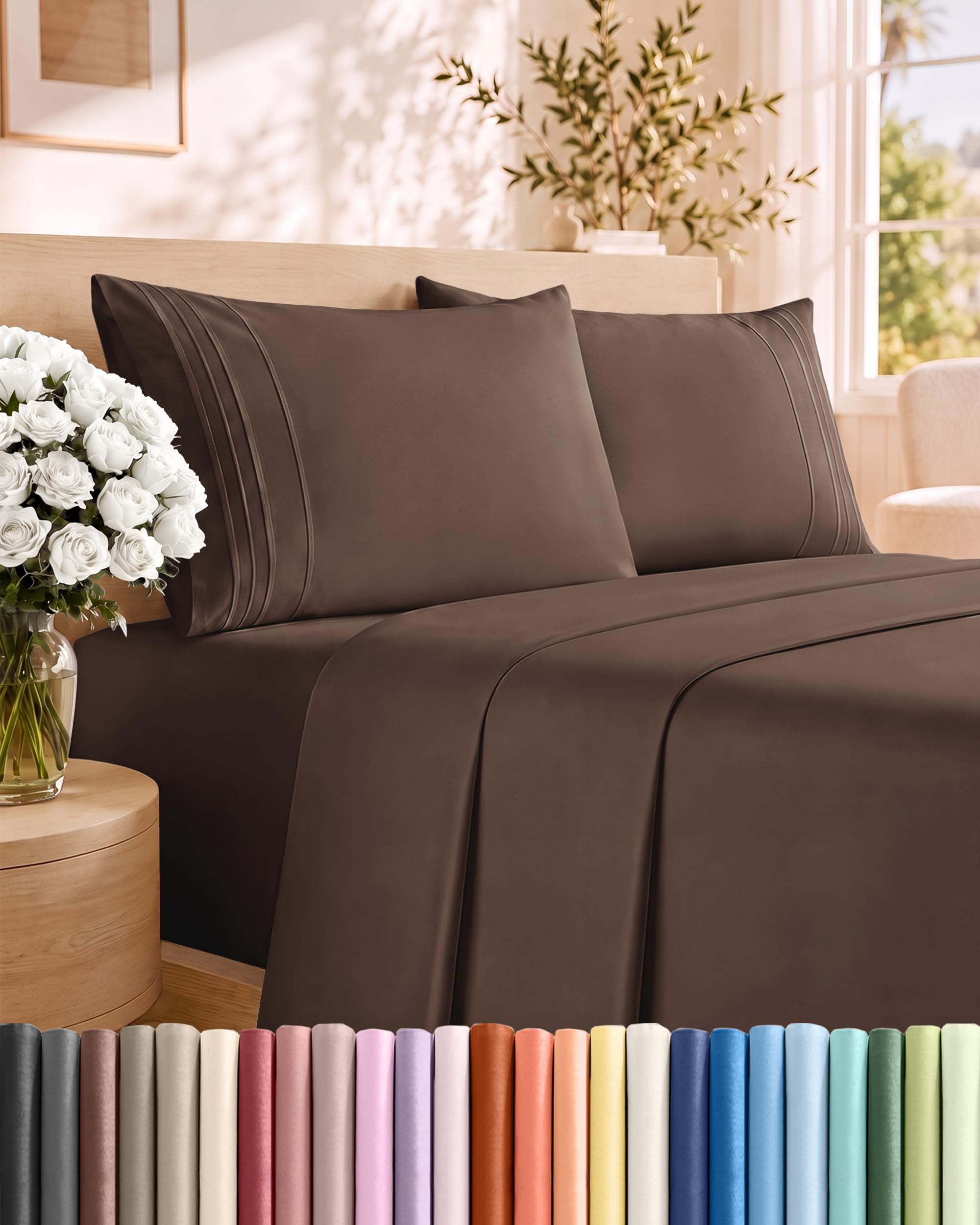 Queen Size 4 Piece Sheet Set - Comfy Breathable & Cooling Sheets - Brown