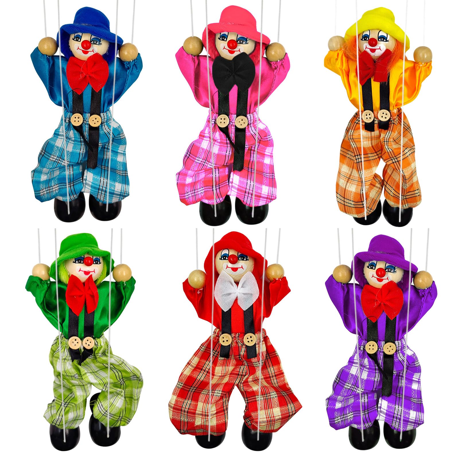 6 Pack Wooden Marionette Puppets Clown Pull String Puppets Movable Hands and Fee