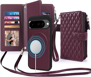2 in 1 for Google Pixel 9/9 Pro / 10/10 Pro 6.3" Wallet Case Magnetic Compatible with Magsafe RFID Blocking Card Holder Detachable Phone Cover Zipper Purse Kickstand Strap Crossbody Burgundy