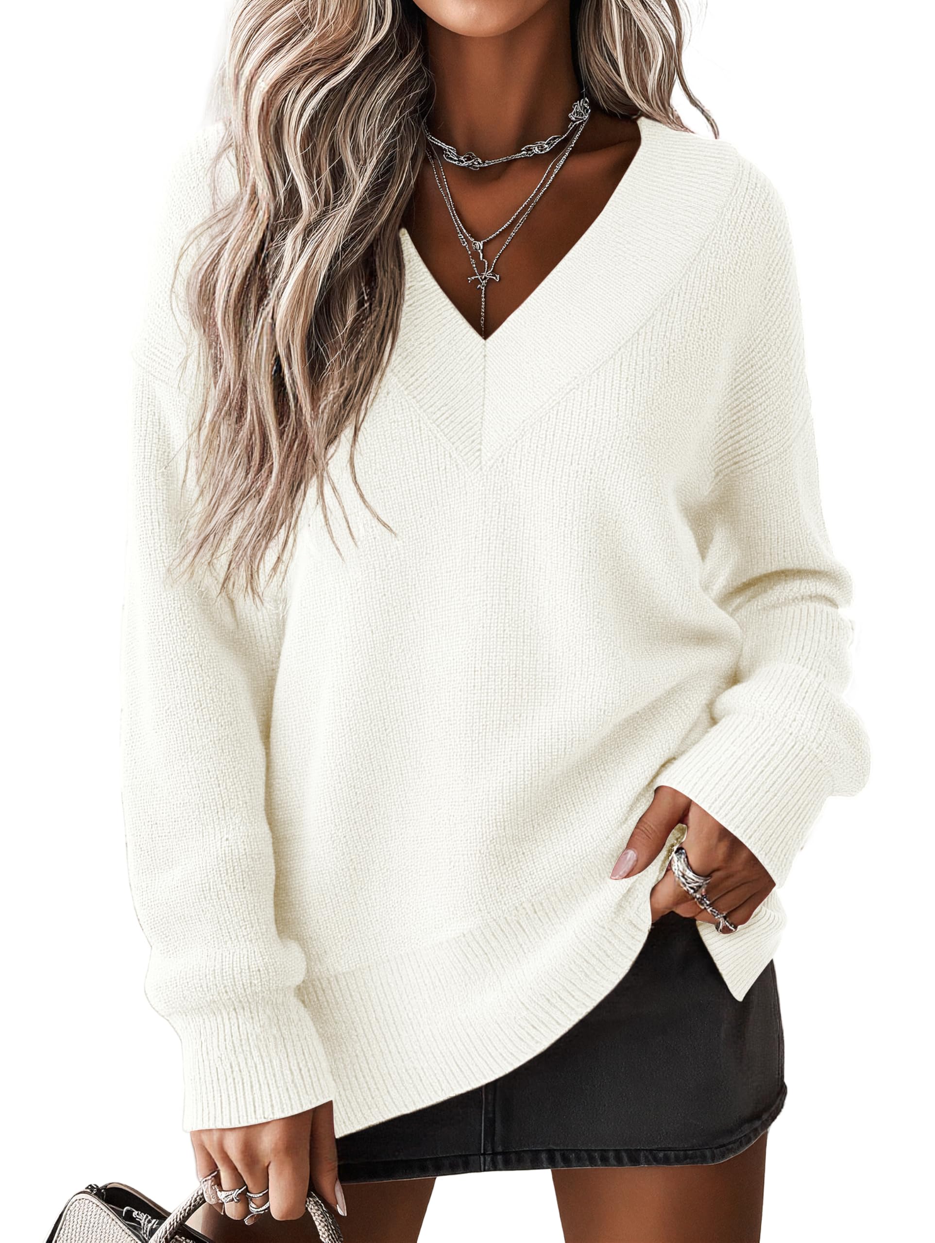 Jouica Women's Sweaters V Neck Pullover Sweater Side Slit Long Sleeve Knit Fall 