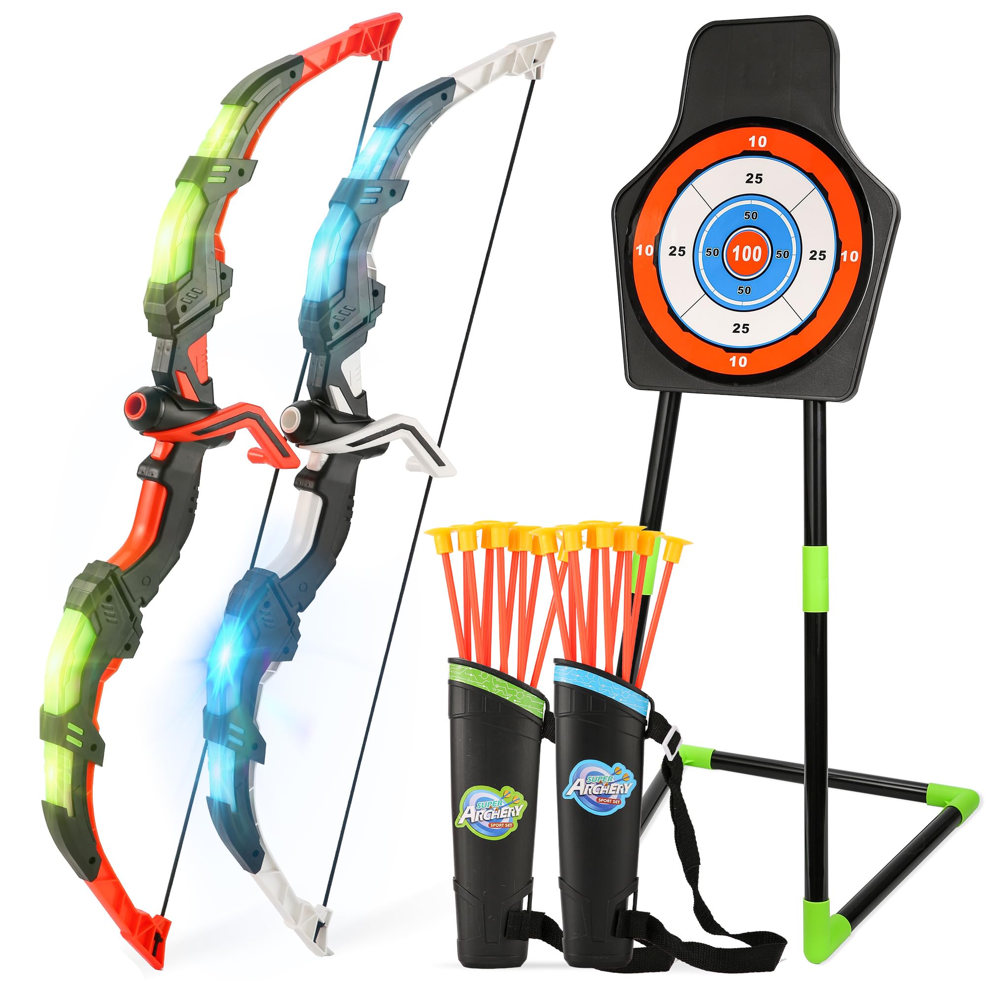 Bow and Arrow Set for Kids, 2-Pack LED Light Up Archery Set for Boys Girls | wit