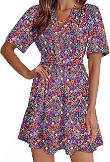 Dokotoo Womens Summer Dresses 2026 Boho Floral Short Sleeve V Neck Smocked Waist Casual A-Line Swing Mini Dress Sundress