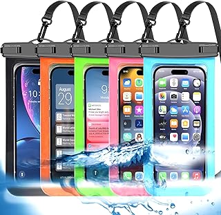 Famoby 5 Pack Multicolor Waterproof Phone Pouch, Cell Phone Case Dry Bag,Protection Level: IP68,Beach Cruise for iPhone,Samsung,and More,Lanyard Included,(Fits Up to 8.3"),Black,Blue,Pink,Orange,Green