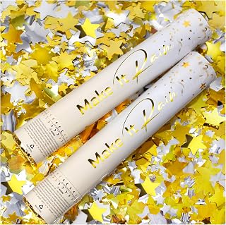 PrimePure Confetti Cannon Party Poppers, Metallic Gold Stars, 2 Pack | Gold Stars with Silver Mylar Foil Confetti Poppers, Party Cannon for Birthdays & Celebrations, Easy Clean-up, Easy-Twist