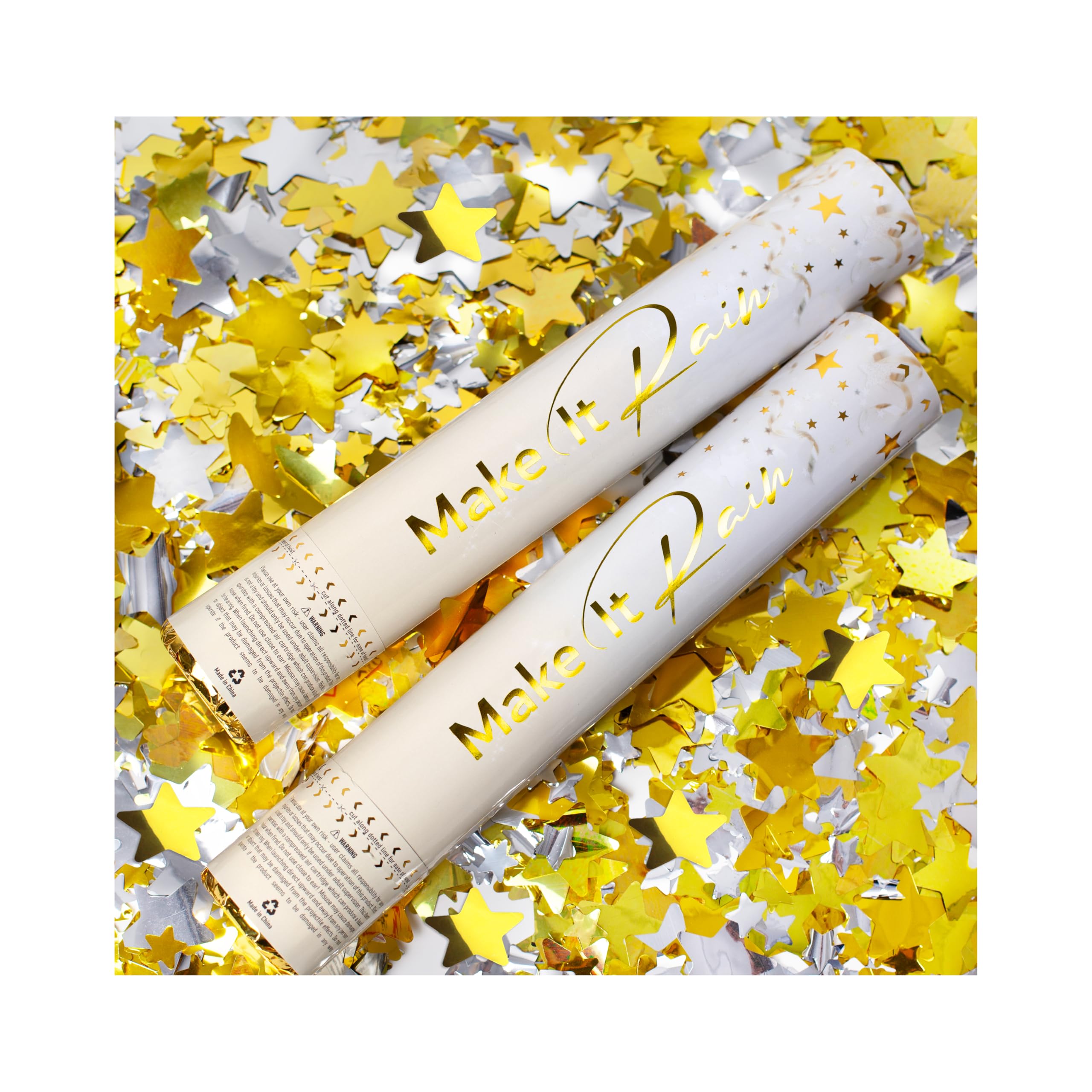 PrimePure Confetti Cannon Party Poppers, Metallic Gold Stars, 2 Pack | Gold Star