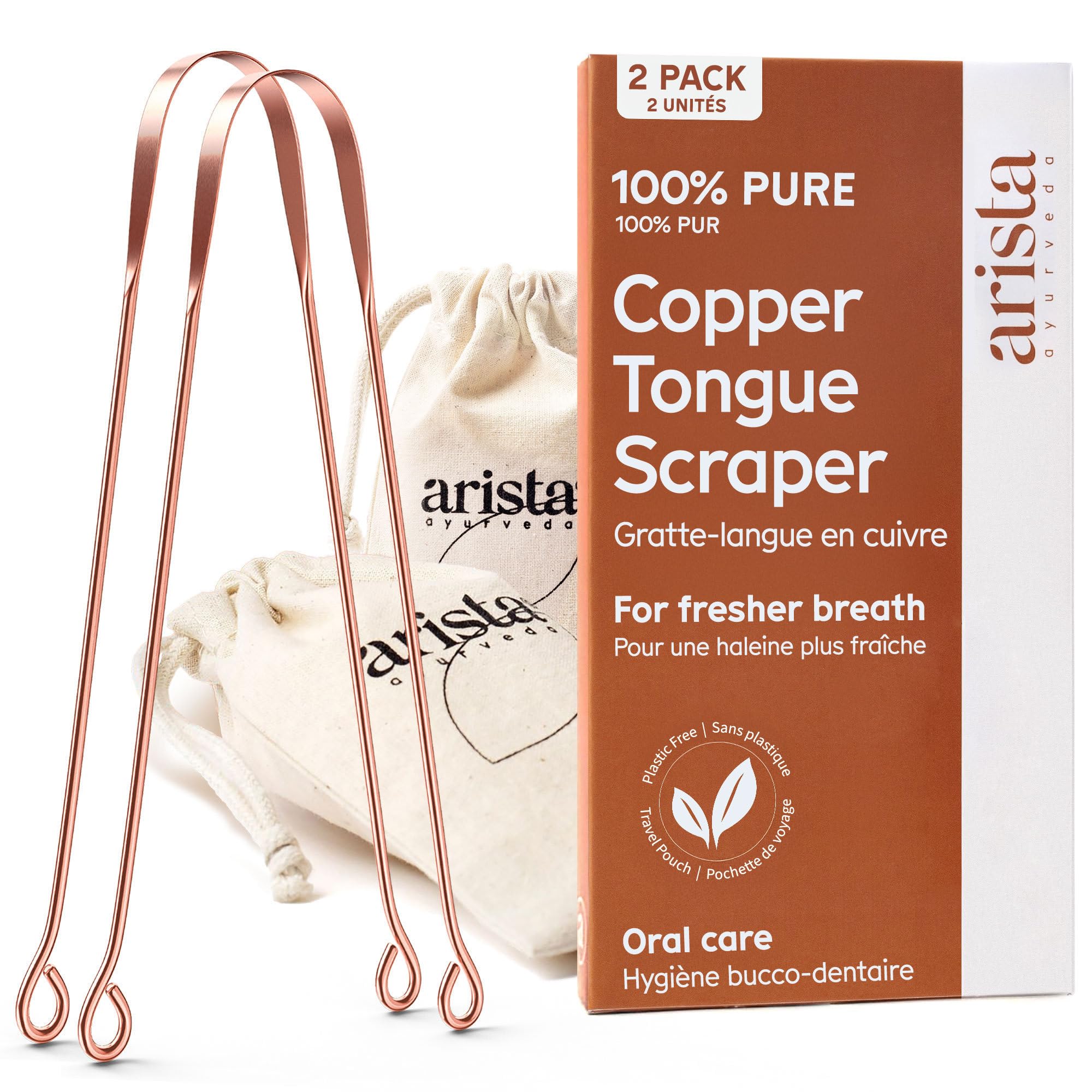 Arista Copper Tongue Scraper 2 Pack, Pure Copper Tongue Cleaner for Adults, Kids