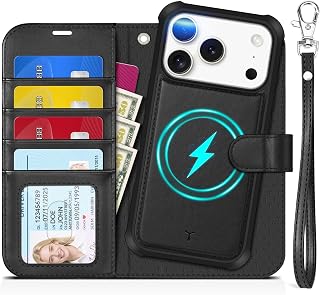 TUCCH 2-in-1 Detachable Wallet Case for iPhone 18 Pro/17 Pro (6.3"), Black | 4 Card Holders, RFID Blocking, Wireless Charging, Kickstand, Wrist Strap, Shockproof TPU, PU Leather, Magnetic, Folio Cover
