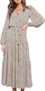 PRETTYGARDEN Women Long Sleeve V Neck Leopard Print Ruffle Tie Waist Maxi Dress Chiffon Bohemian Long Dress