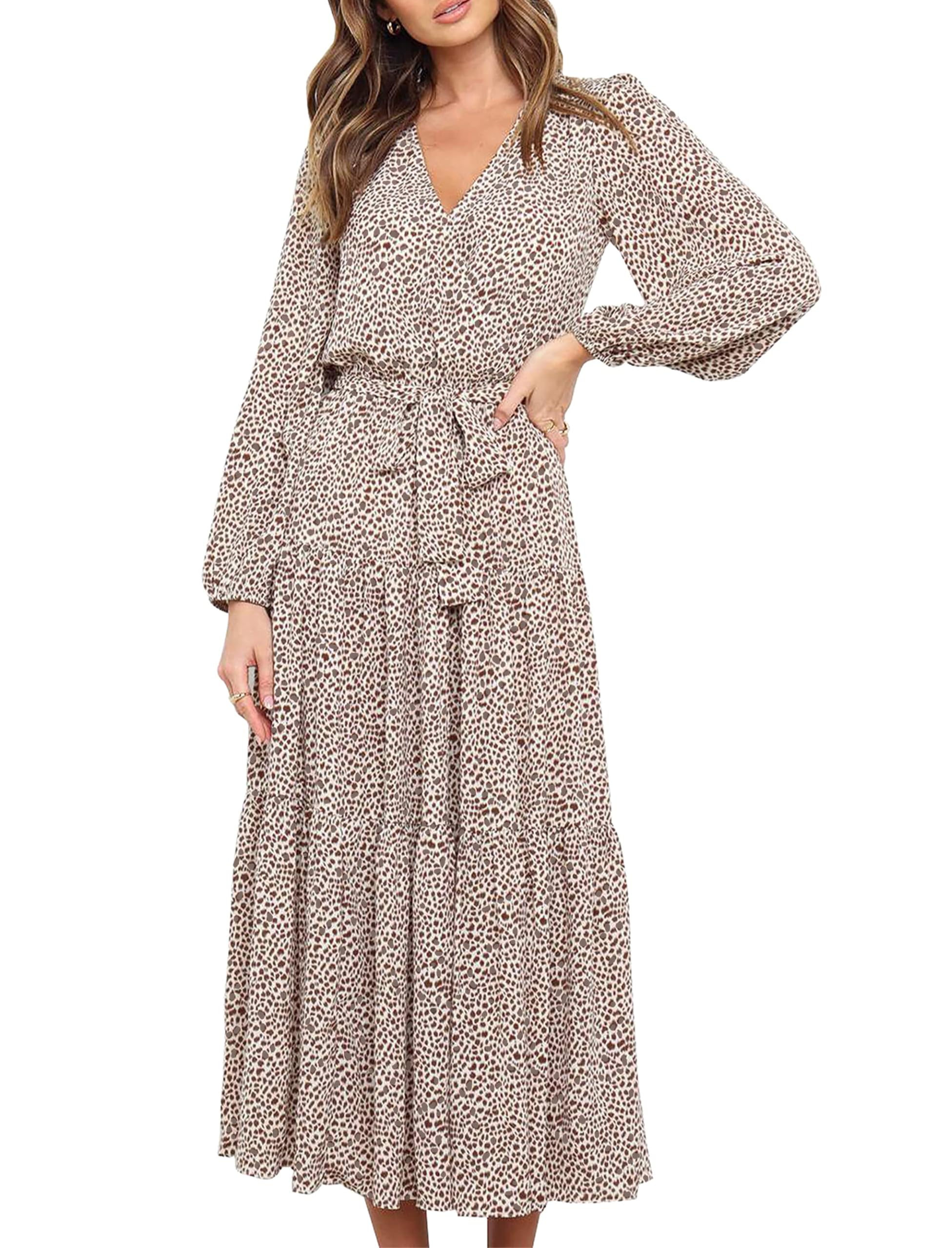 PRETTYGARDEN Women Long Sleeve V Neck Leopard Print Ruffle Tie Waist Maxi Dress 