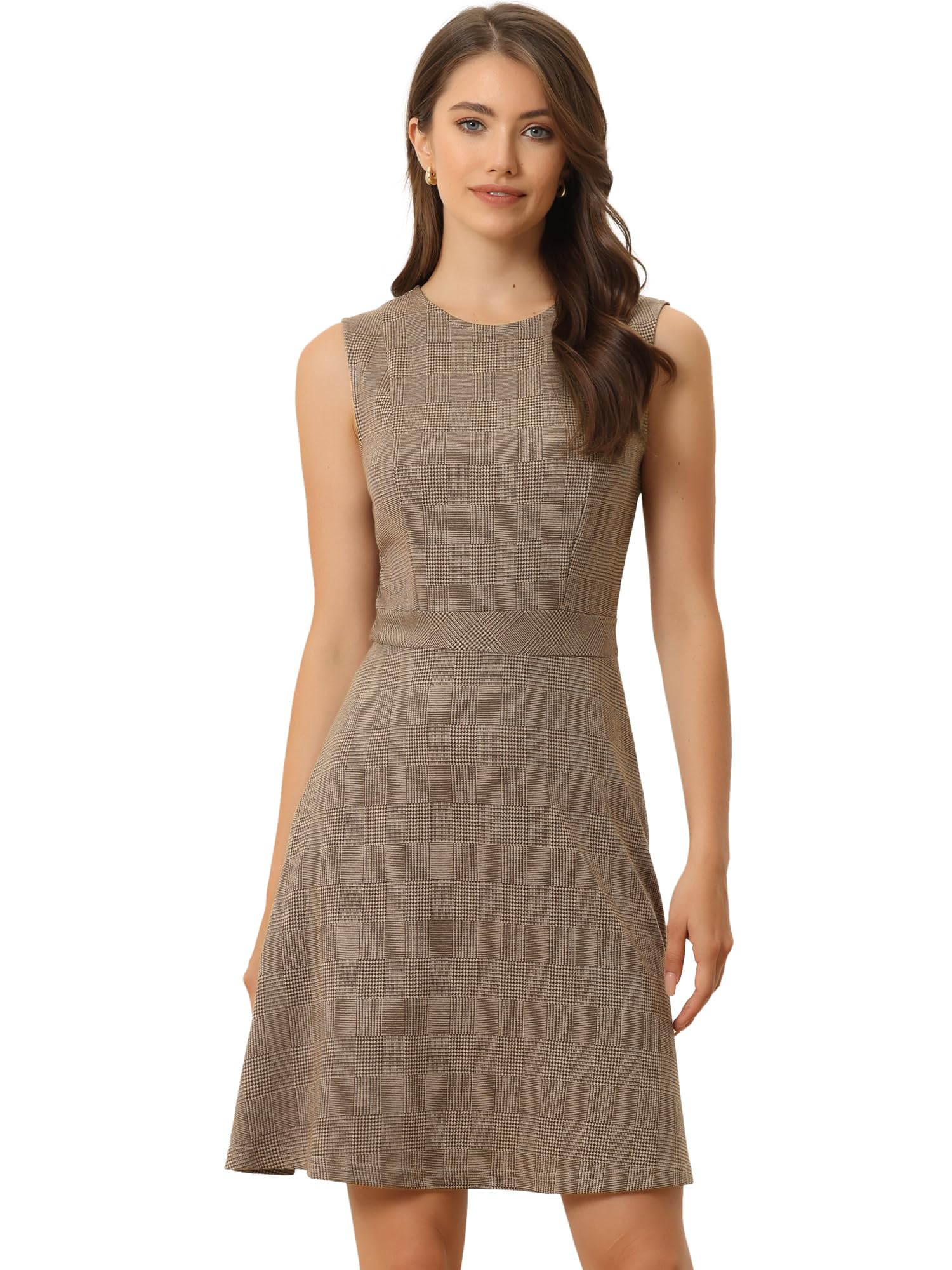 Allegra K Women's Sleeveless A Line Vintage Plaid Houndstooth Work Dresses